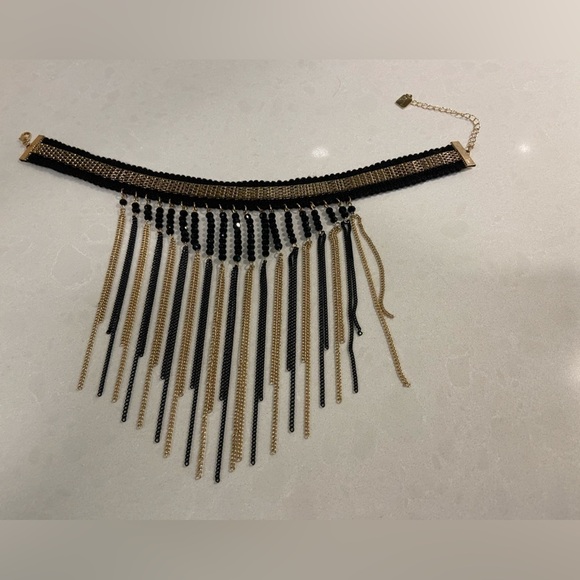 Whimsygoth Signed PL Black and Gold Beaded Tassel Choker - Picture 3 of 8